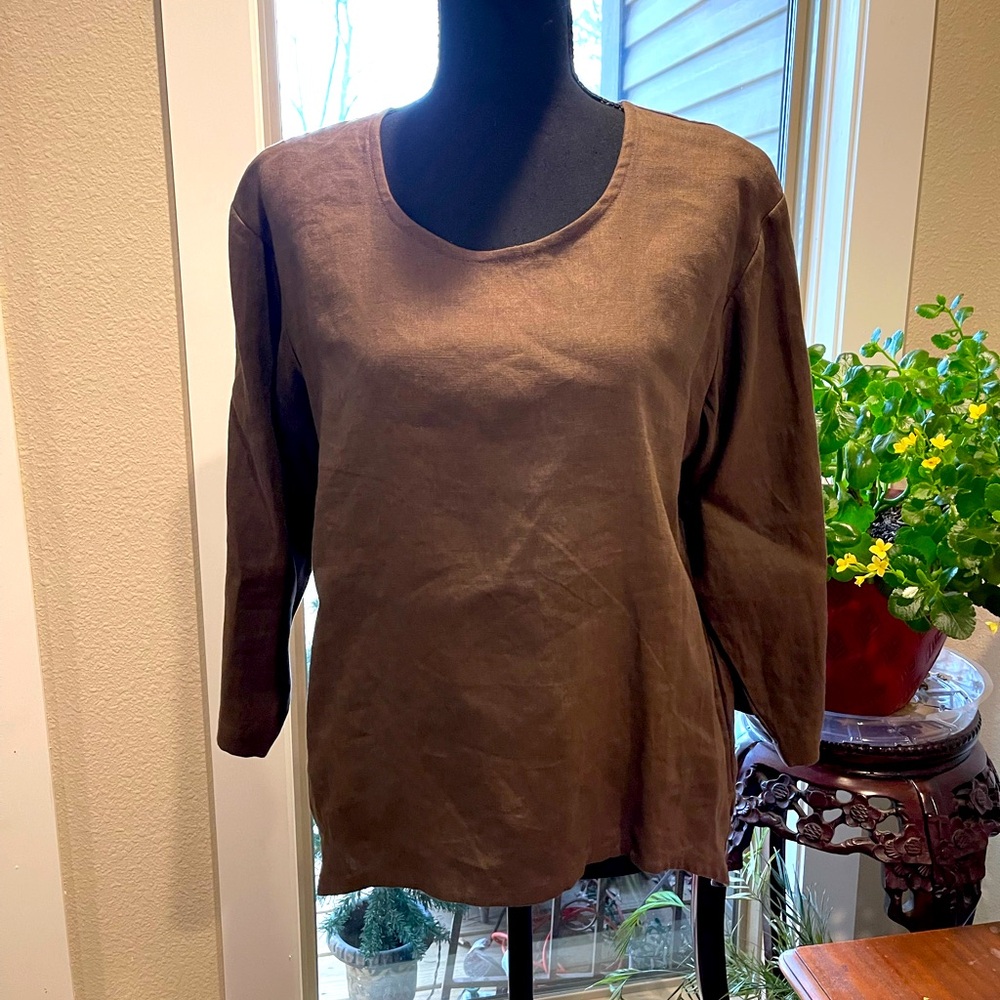 Two Wishes Round Neck 3/4 Sleeve Brown Linen Top NWT Size Small